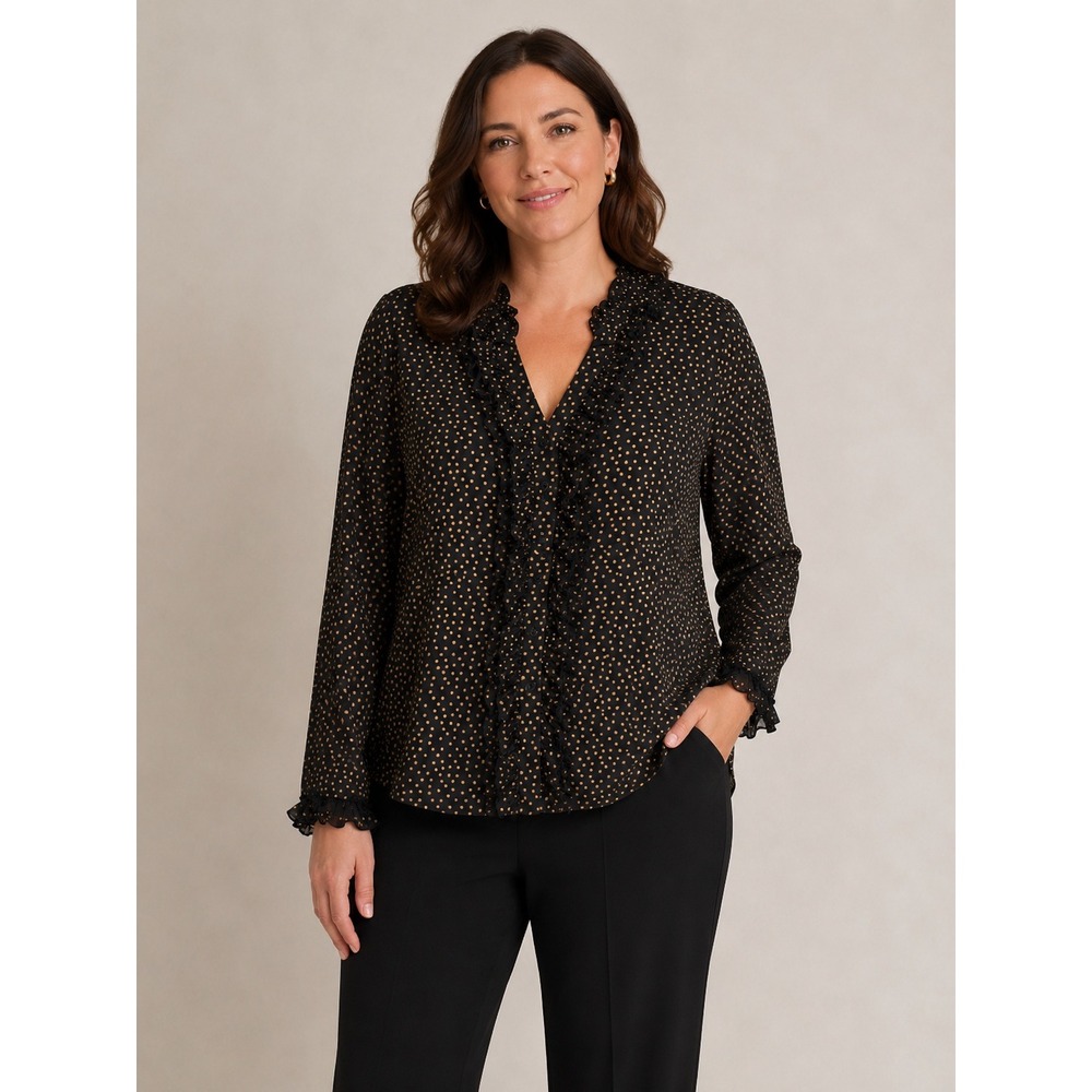 Boden Ruffle Blouse Women US 14 Black Gold Polka Dot Jersey Long‎ Sleeve Top